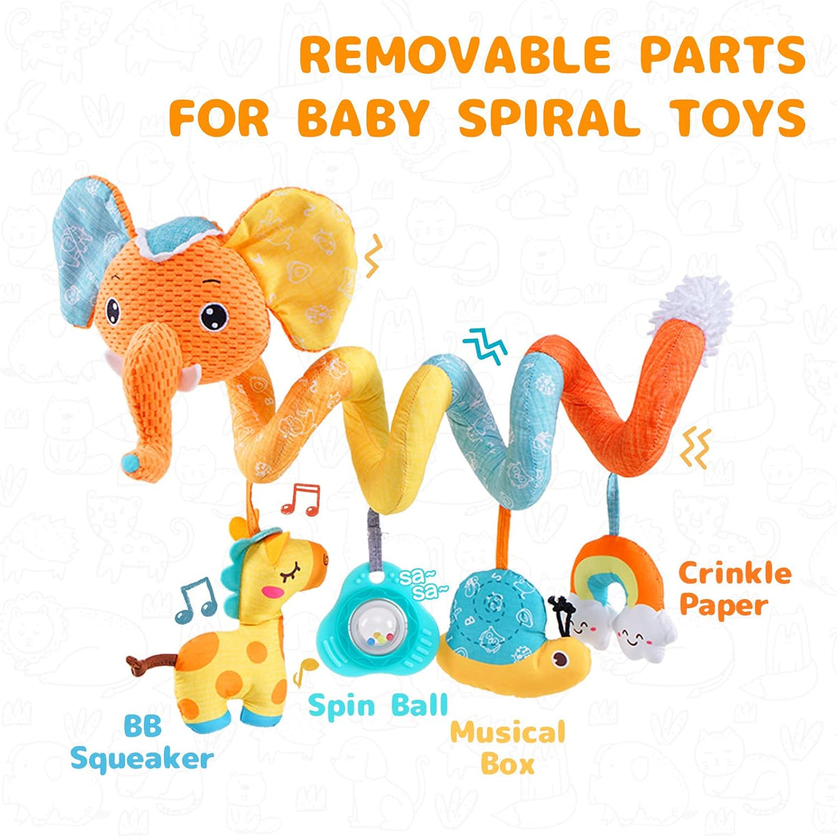 Car Seat Toys, Infant Baby Spiral Plush Activity Hanging Toy for Stroller Bar Pram Crib with Music Box BB Squeaker & Rattles(Black Fox)