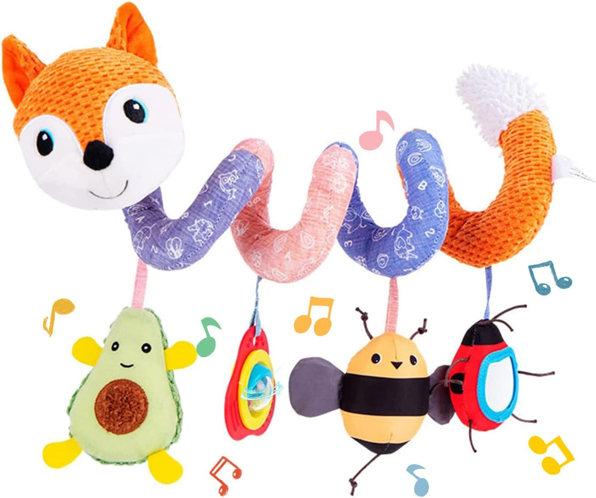 Car Seat Toys, Infant Baby Spiral Plush Activity Hanging Toy for Stroller Bar Pram Crib with Music Box BB Squeaker & Rattles(Black Fox)