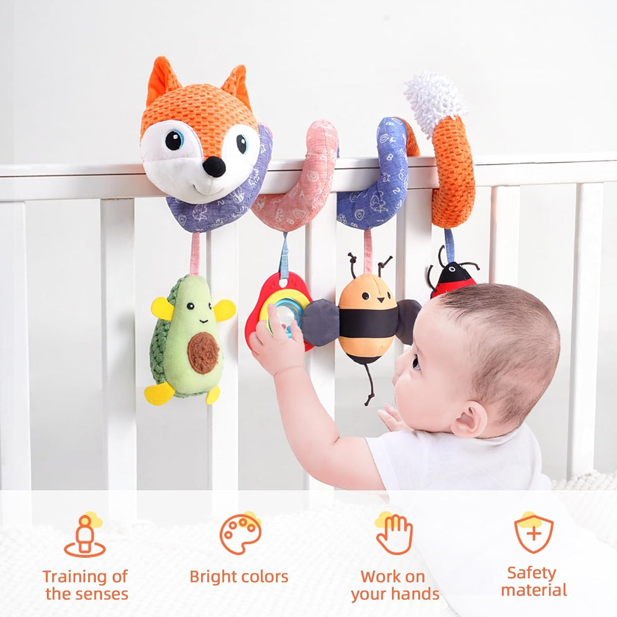 Car Seat Toys, Infant Baby Spiral Plush Activity Hanging Toy for Stroller Bar Pram Crib with Music Box BB Squeaker & Rattles(Black Fox)