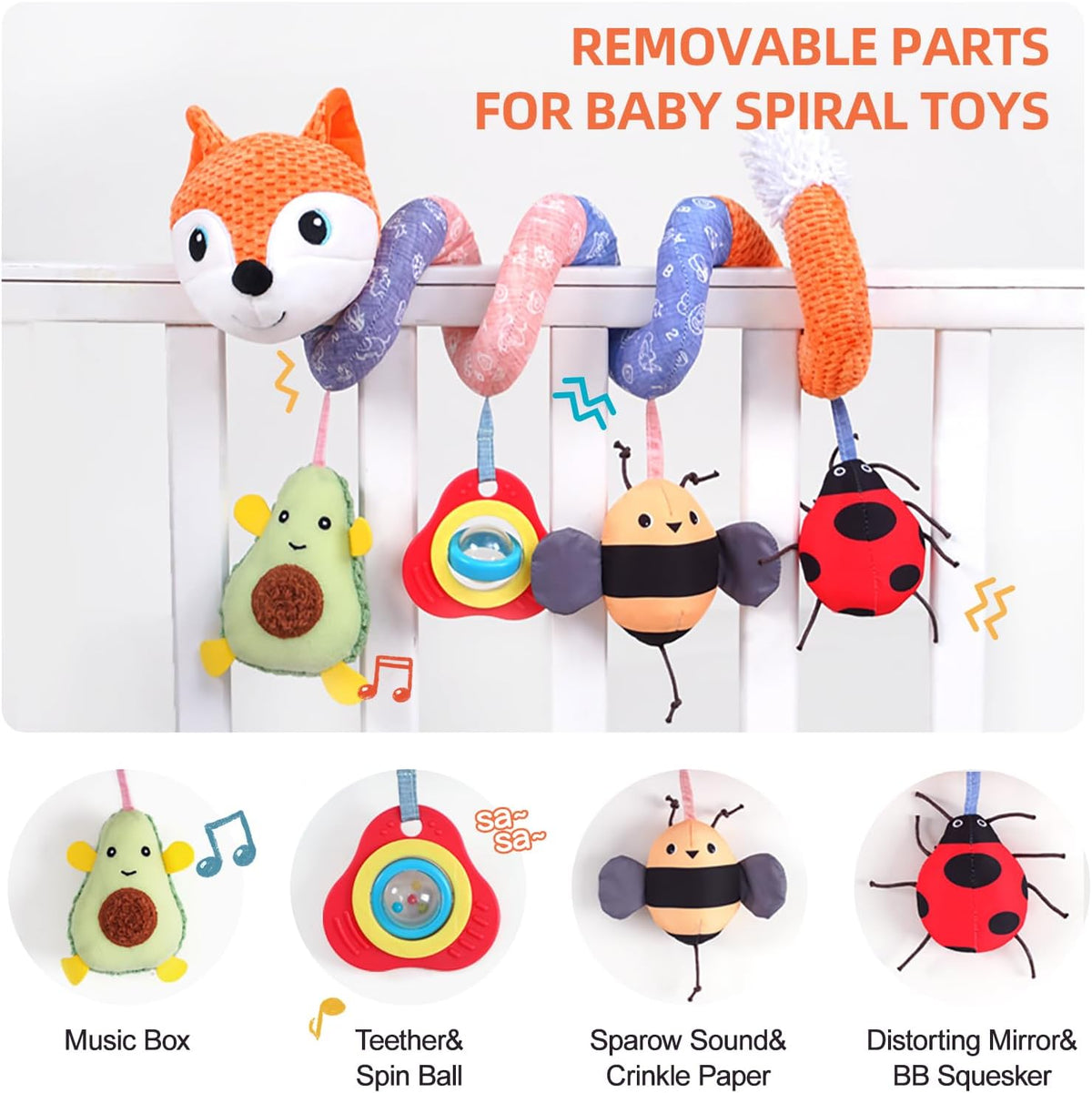 Car Seat Toys, Infant Baby Spiral Plush Activity Hanging Toy for Stroller Bar Pram Crib with Music Box BB Squeaker & Rattles(Black Fox)
