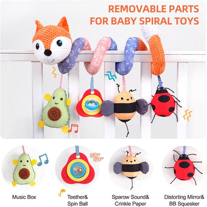 Car Seat Toys, Infant Baby Spiral Plush Activity Hanging Toy for Stroller Bar Pram Crib with Music Box BB Squeaker & Rattles(Black Fox)