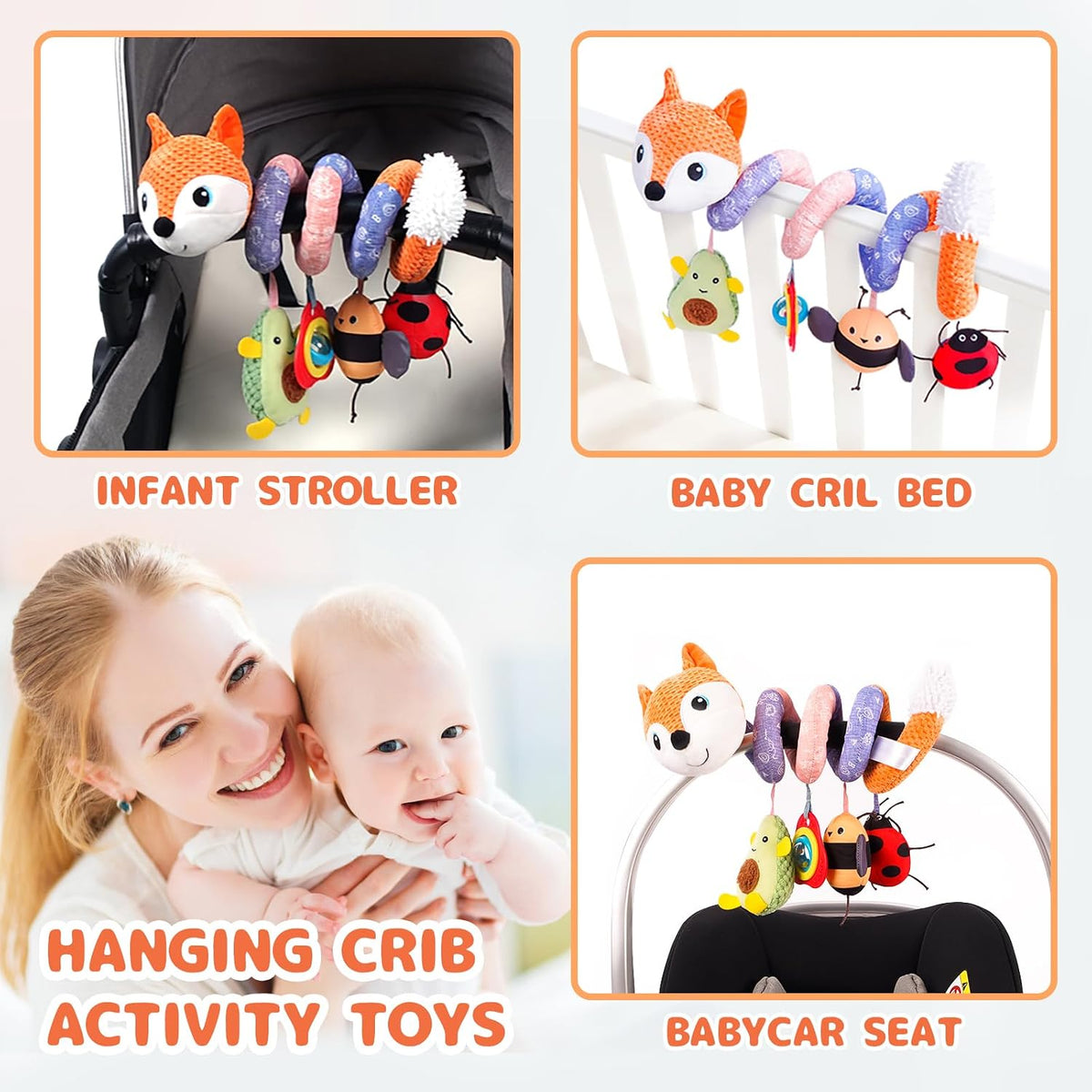 Car Seat Toys, Infant Baby Spiral Plush Activity Hanging Toy for Stroller Bar Pram Crib with Music Box BB Squeaker & Rattles(Black Fox)