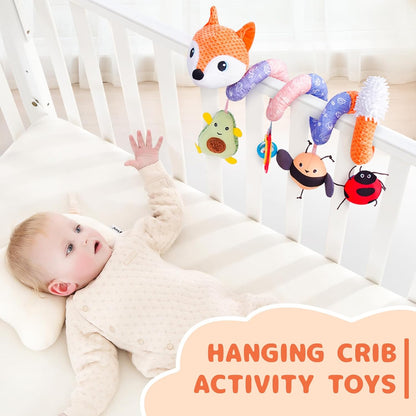 Car Seat Toys, Infant Baby Spiral Plush Activity Hanging Toy for Stroller Bar Pram Crib with Music Box BB Squeaker & Rattles(Black Fox)