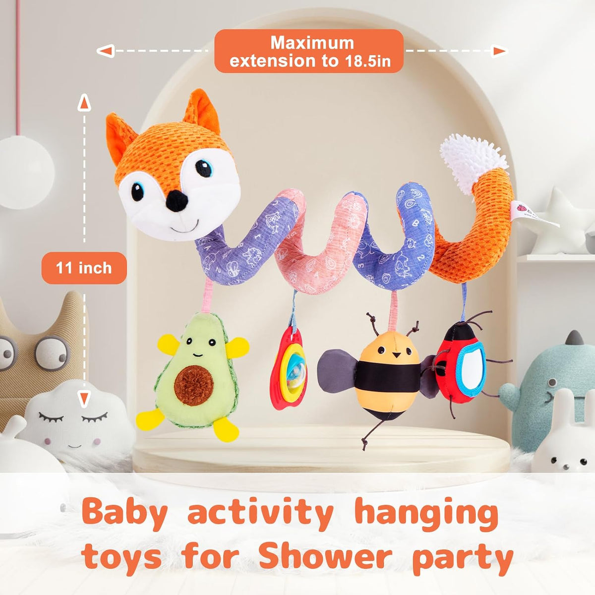 Car Seat Toys, Infant Baby Spiral Plush Activity Hanging Toy for Stroller Bar Pram Crib with Music Box BB Squeaker & Rattles(Black Fox)