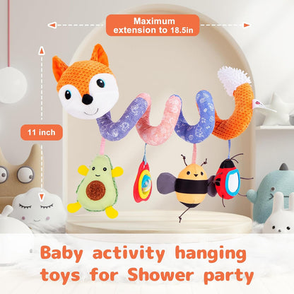 Car Seat Toys, Infant Baby Spiral Plush Activity Hanging Toy for Stroller Bar Pram Crib with Music Box BB Squeaker & Rattles(Black Fox)