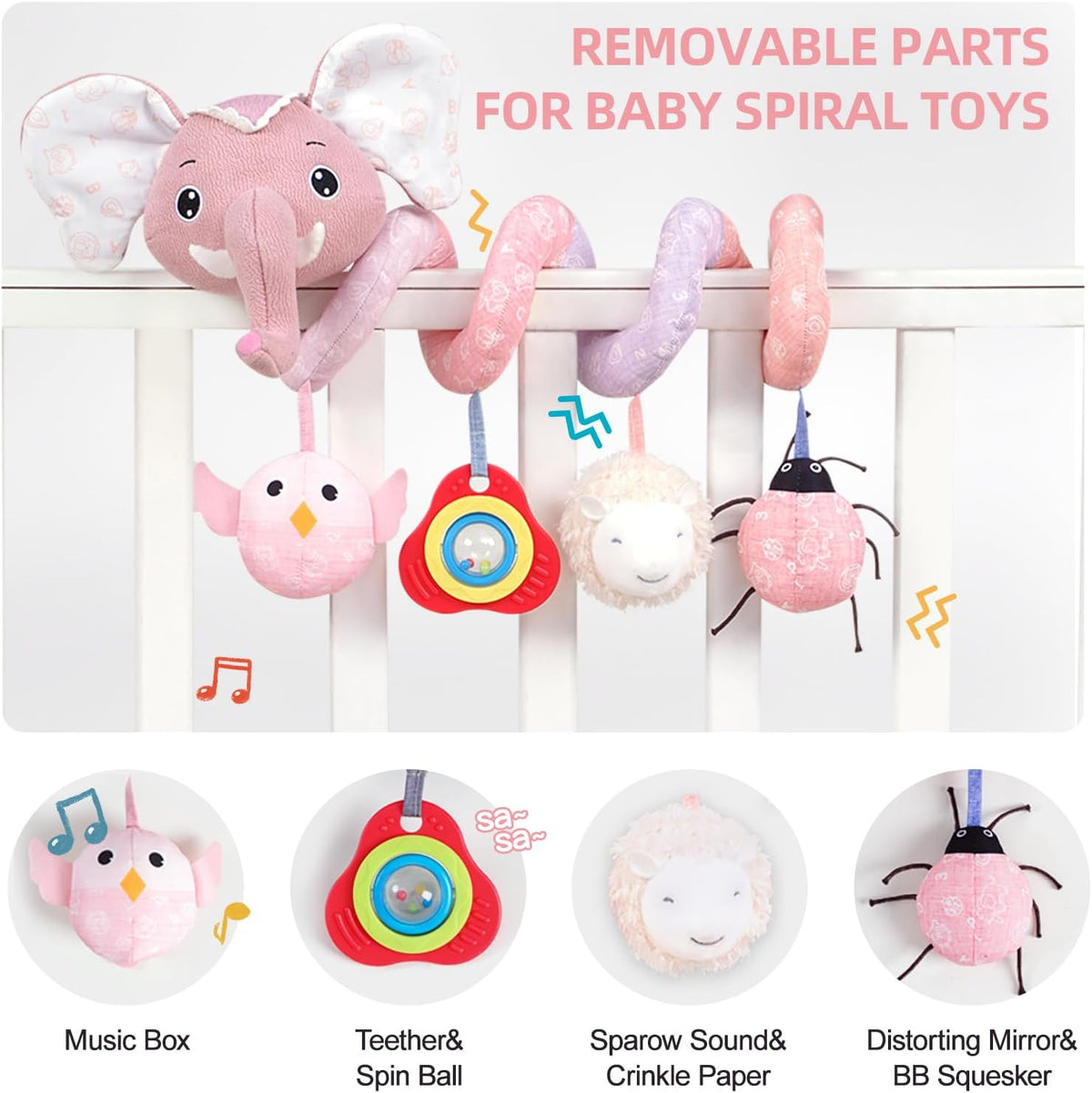 Car Seat Toys, Infant Baby Spiral Plush Activity Hanging Toy for Stroller Bar Pram Crib with Music Box BB Squeaker & Rattles(Black Fox)