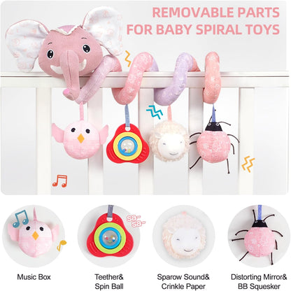 Car Seat Toys, Infant Baby Spiral Plush Activity Hanging Toy for Stroller Bar Pram Crib with Music Box BB Squeaker & Rattles(Black Fox)