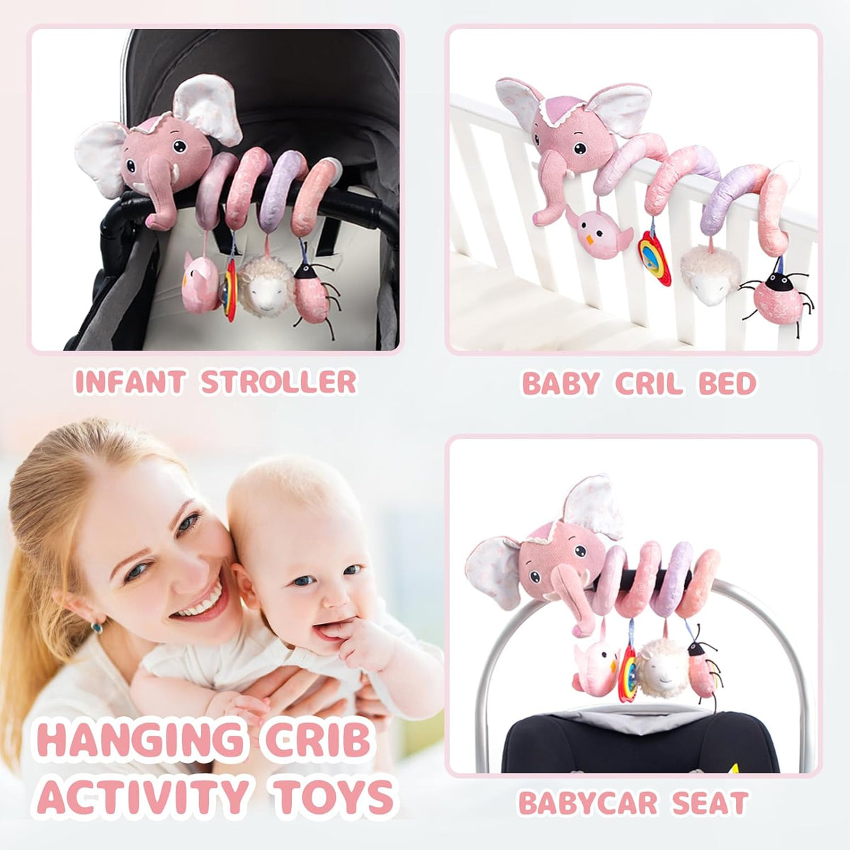 Car Seat Toys, Infant Baby Spiral Plush Activity Hanging Toy for Stroller Bar Pram Crib with Music Box BB Squeaker & Rattles(Black Fox)