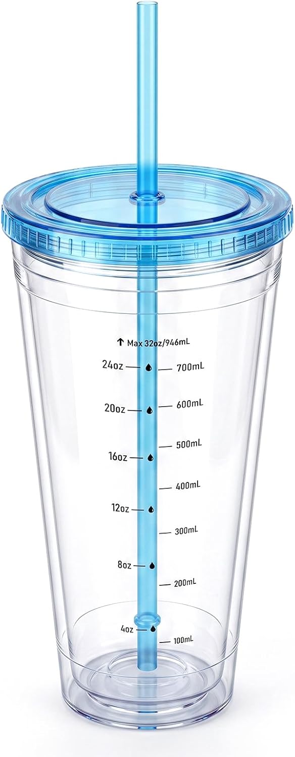 32oz Clear Reusable Plastic Cup with Lid & Straw Set of 2, Double Walled | BPA Free Wide Mouth Measurement Marked Iced Coffee To Go Insulated Acrylic Tumbler for Water, Lemonade, Loaded Tea, Juice