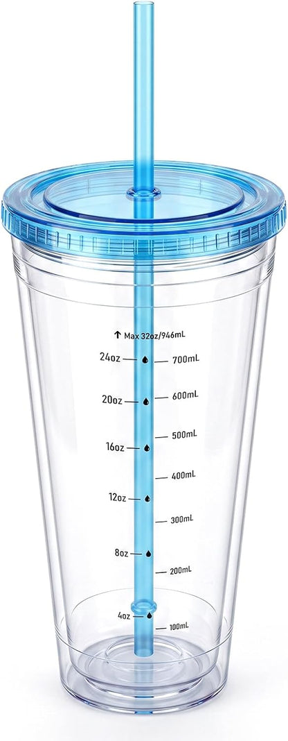 32oz Clear Reusable Plastic Cup with Lid & Straw Set of 2, Double Walled | BPA Free Wide Mouth Measurement Marked Iced Coffee To Go Insulated Acrylic Tumbler for Water, Lemonade, Loaded Tea, Juice