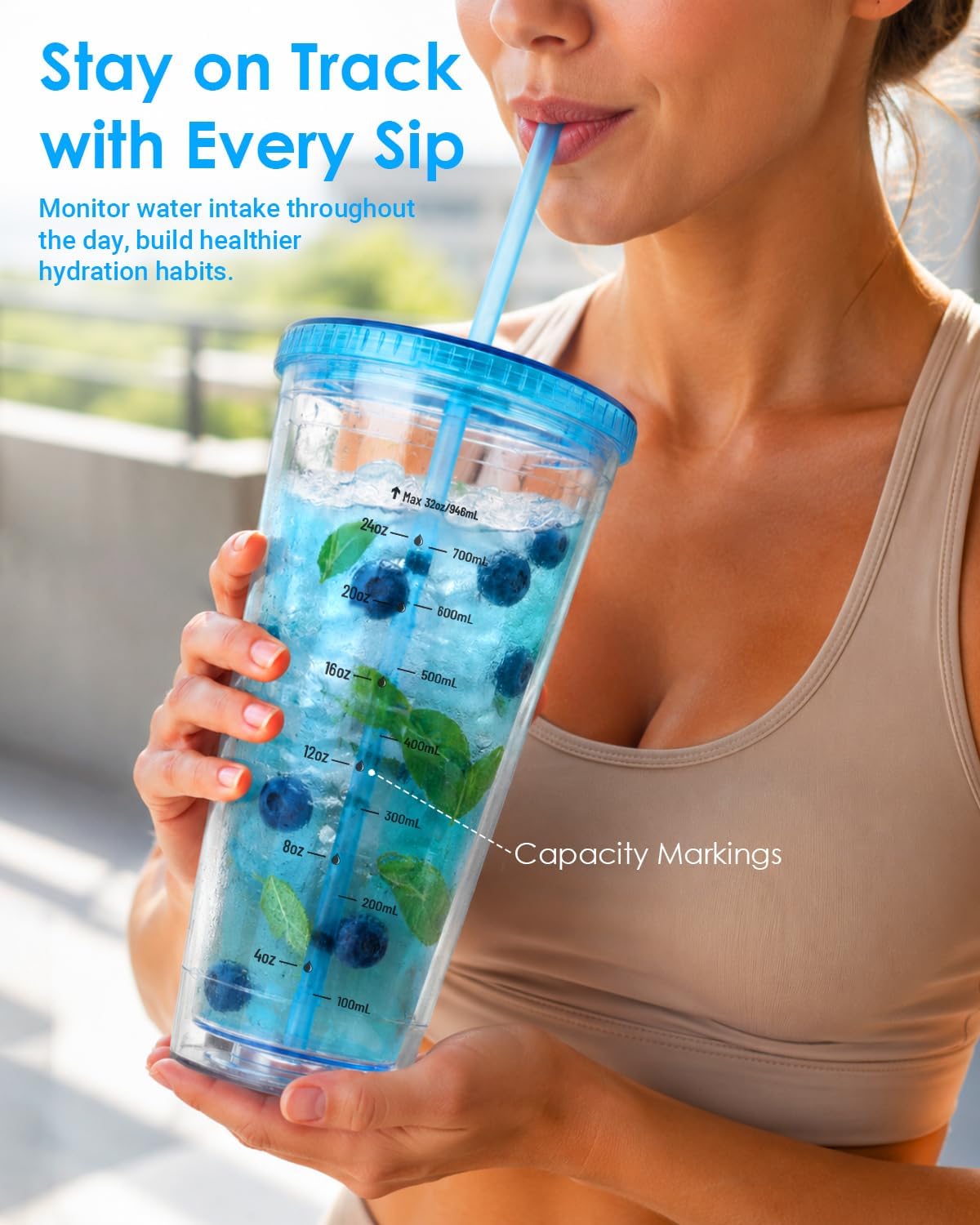 32oz Clear Reusable Plastic Cup with Lid & Straw Set of 2, Double Walled | BPA Free Wide Mouth Measurement Marked Iced Coffee To Go Insulated Acrylic Tumbler for Water, Lemonade, Loaded Tea, Juice