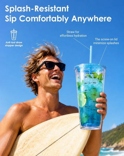 32oz Clear Reusable Plastic Cup with Lid & Straw Set of 2, Double Walled | BPA Free Wide Mouth Measurement Marked Iced Coffee To Go Insulated Acrylic Tumbler for Water, Lemonade, Loaded Tea, Juice