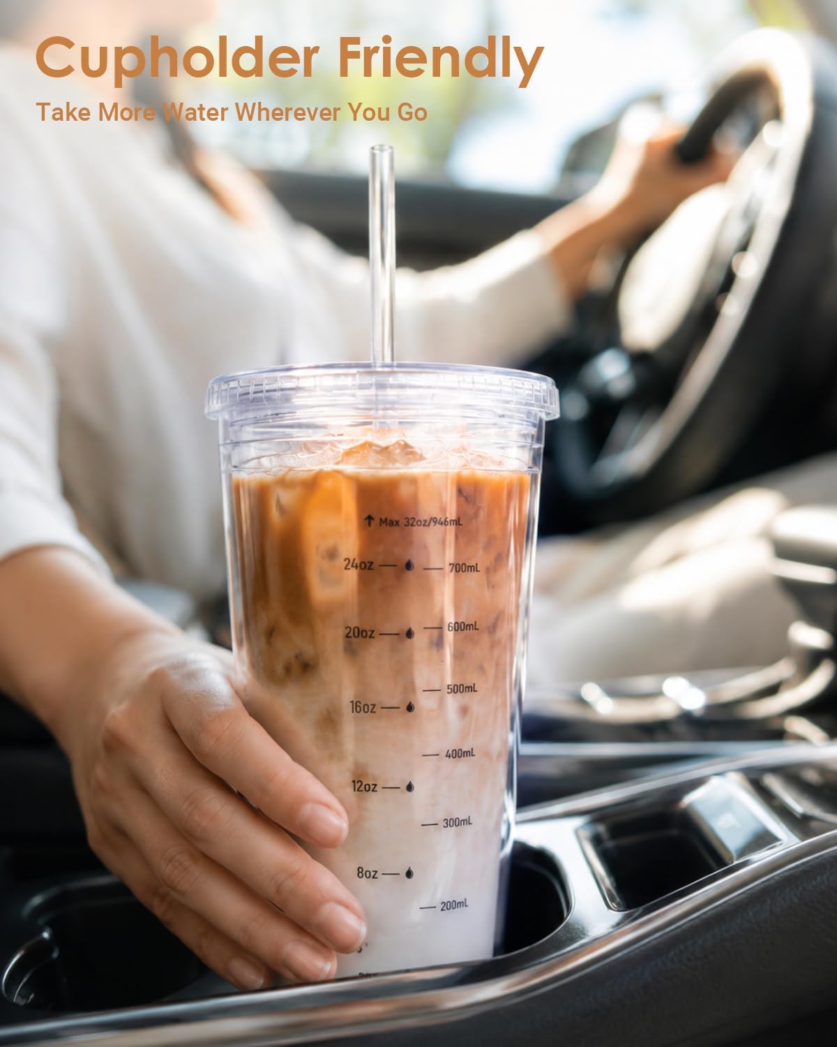 32oz Clear Reusable Plastic Cup with Lid & Straw Set of 2, Double Walled | BPA Free Wide Mouth Measurement Marked Iced Coffee To Go Insulated Acrylic Tumbler for Water, Lemonade, Loaded Tea, Juice