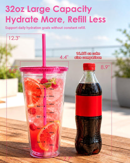 32oz Clear Reusable Plastic Cup with Lid & Straw Set of 2, Double Walled | BPA Free Wide Mouth Measurement Marked Iced Coffee To Go Insulated Acrylic Tumbler for Water, Lemonade, Loaded Tea, Juice