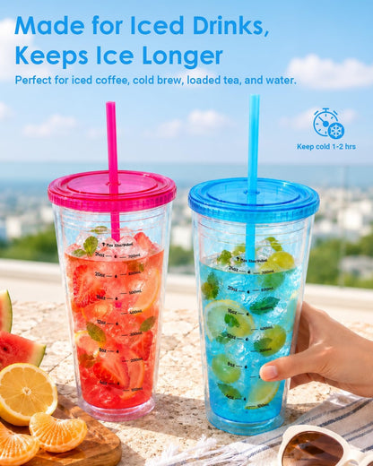 32oz Clear Reusable Plastic Cup with Lid & Straw Set of 2, Double Walled | BPA Free Wide Mouth Measurement Marked Iced Coffee To Go Insulated Acrylic Tumbler for Water, Lemonade, Loaded Tea, Juice