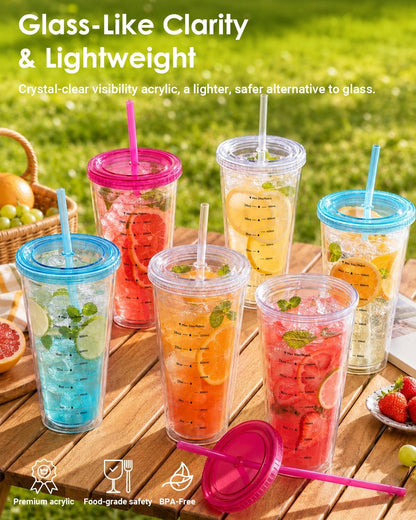 32oz Clear Reusable Plastic Cup with Lid & Straw Set of 2, Double Walled | BPA Free Wide Mouth Measurement Marked Iced Coffee To Go Insulated Acrylic Tumbler for Water, Lemonade, Loaded Tea, Juice
