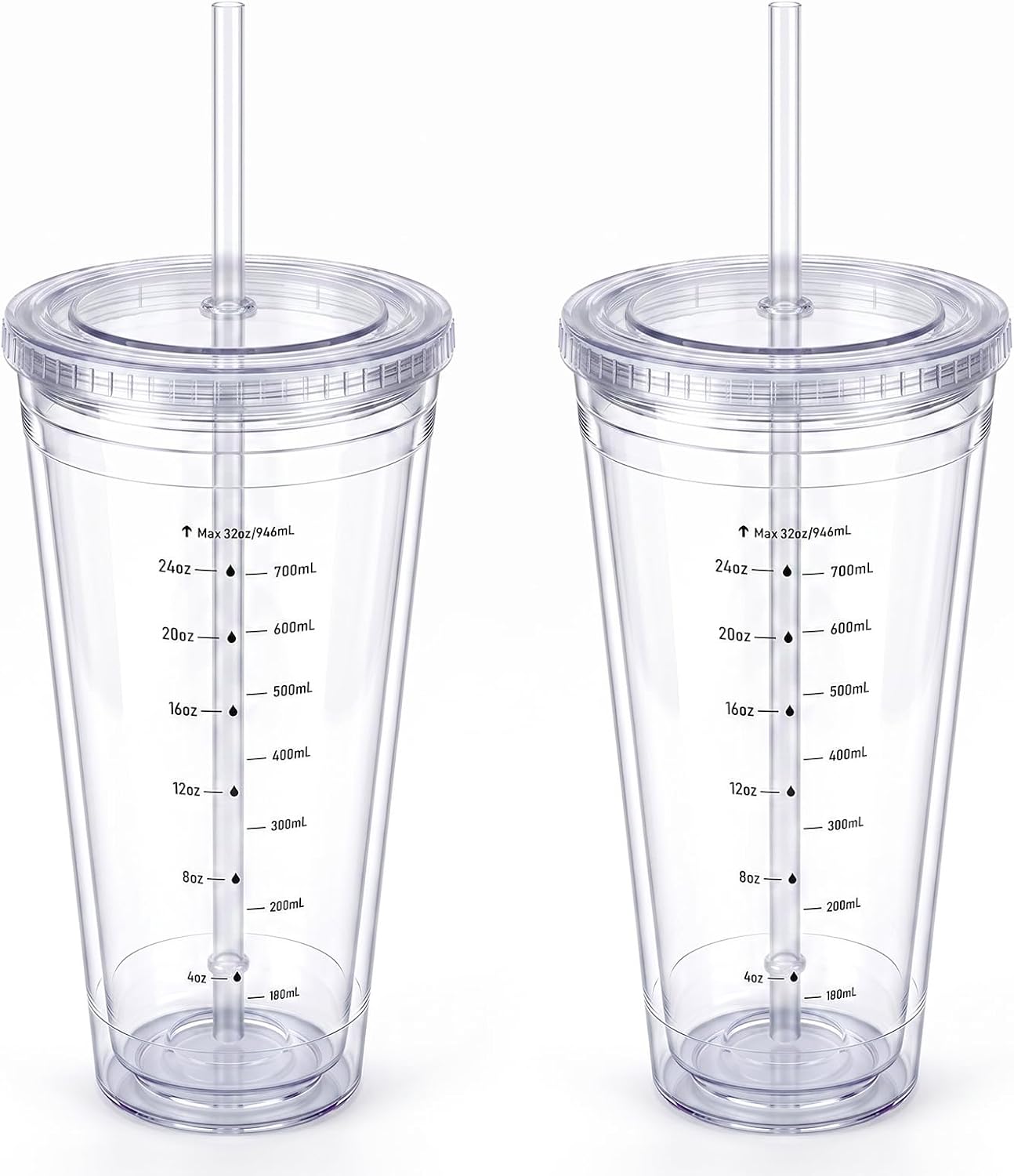 32oz Clear Reusable Plastic Cup with Lid & Straw Set of 2, Double Walled | BPA Free Wide Mouth Measurement Marked Iced Coffee To Go Insulated Acrylic Tumbler for Water, Lemonade, Loaded Tea, Juice