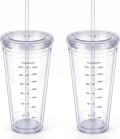 32oz Clear Reusable Plastic Cup with Lid & Straw Set of 2, Double Walled | BPA Free Wide Mouth Measurement Marked Iced Coffee To Go Insulated Acrylic Tumbler for Water, Lemonade, Loaded Tea, Juice