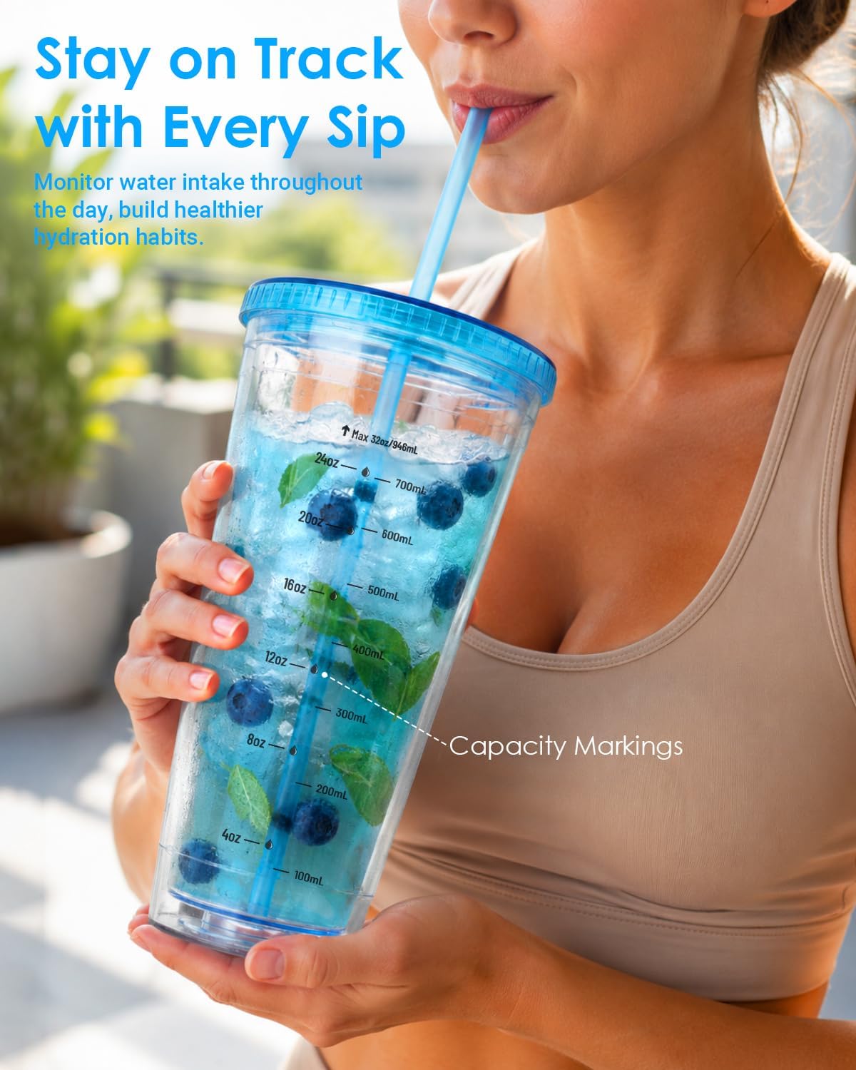 32oz Clear Reusable Plastic Cup with Lid & Straw Set of 2, Double Walled | BPA Free Wide Mouth Measurement Marked Iced Coffee To Go Insulated Acrylic Tumbler for Water, Lemonade, Loaded Tea, Juice