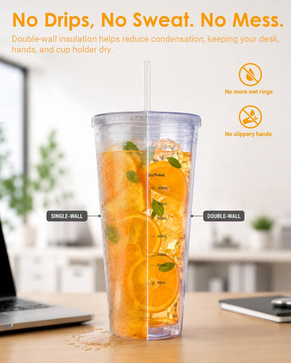 32oz Clear Reusable Plastic Cup with Lid & Straw Set of 2, Double Walled | BPA Free Wide Mouth Measurement Marked Iced Coffee To Go Insulated Acrylic Tumbler for Water, Lemonade, Loaded Tea, Juice
