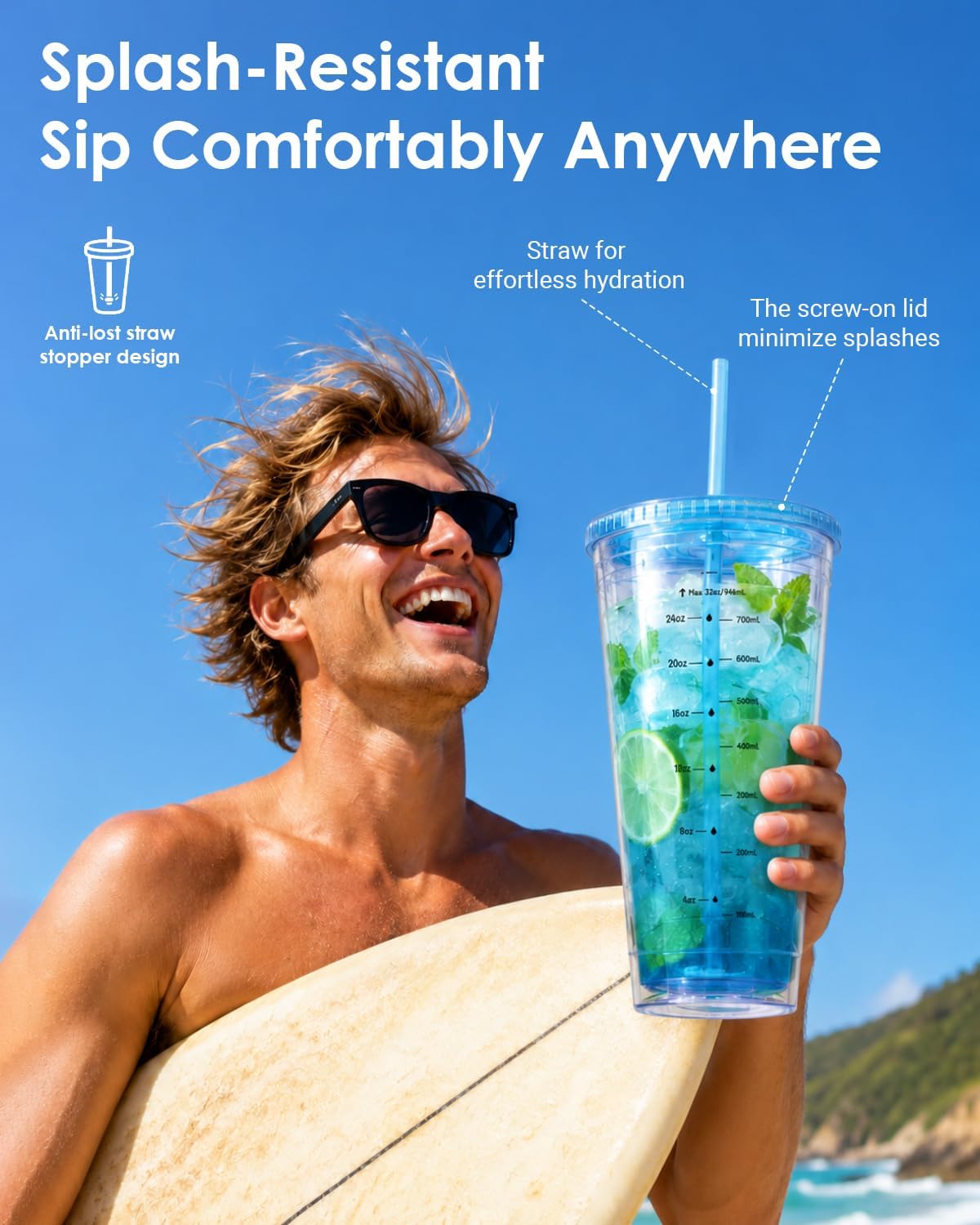 32oz Clear Reusable Plastic Cup with Lid & Straw Set of 2, Double Walled | BPA Free Wide Mouth Measurement Marked Iced Coffee To Go Insulated Acrylic Tumbler for Water, Lemonade, Loaded Tea, Juice
