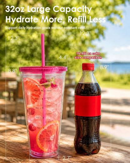 32oz Clear Reusable Plastic Cup with Lid & Straw Set of 2, Double Walled | BPA Free Wide Mouth Measurement Marked Iced Coffee To Go Insulated Acrylic Tumbler for Water, Lemonade, Loaded Tea, Juice