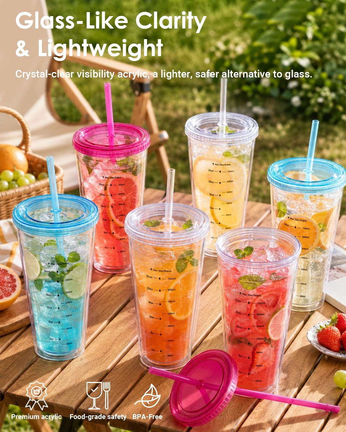 32oz Clear Reusable Plastic Cup with Lid & Straw Set of 2, Double Walled | BPA Free Wide Mouth Measurement Marked Iced Coffee To Go Insulated Acrylic Tumbler for Water, Lemonade, Loaded Tea, Juice