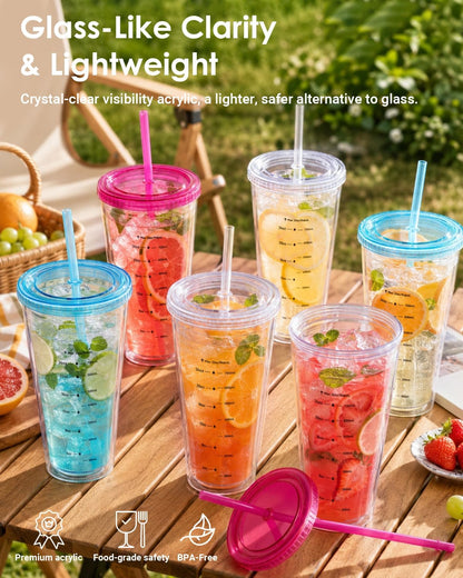 32oz Clear Reusable Plastic Cup with Lid & Straw Set of 2, Double Walled | BPA Free Wide Mouth Measurement Marked Iced Coffee To Go Insulated Acrylic Tumbler for Water, Lemonade, Loaded Tea, Juice
