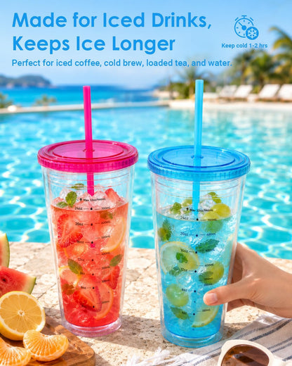 32oz Clear Reusable Plastic Cup with Lid & Straw Set of 2, Double Walled | BPA Free Wide Mouth Measurement Marked Iced Coffee To Go Insulated Acrylic Tumbler for Water, Lemonade, Loaded Tea, Juice