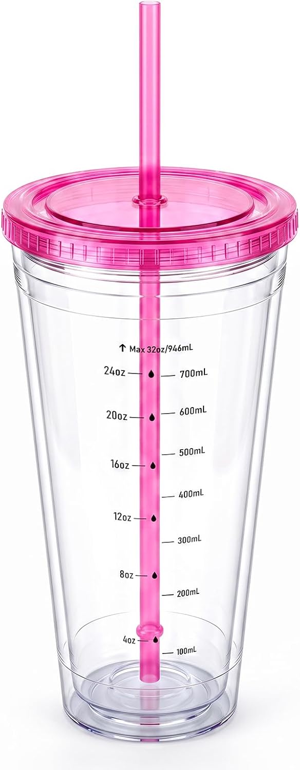 32oz Clear Reusable Plastic Cup with Lid & Straw Set of 2, Double Walled | BPA Free Wide Mouth Measurement Marked Iced Coffee To Go Insulated Acrylic Tumbler for Water, Lemonade, Loaded Tea, Juice