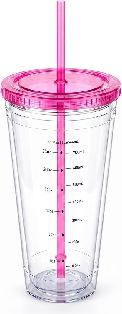 32oz Clear Reusable Plastic Cup with Lid & Straw Set of 2, Double Walled | BPA Free Wide Mouth Measurement Marked Iced Coffee To Go Insulated Acrylic Tumbler for Water, Lemonade, Loaded Tea, Juice