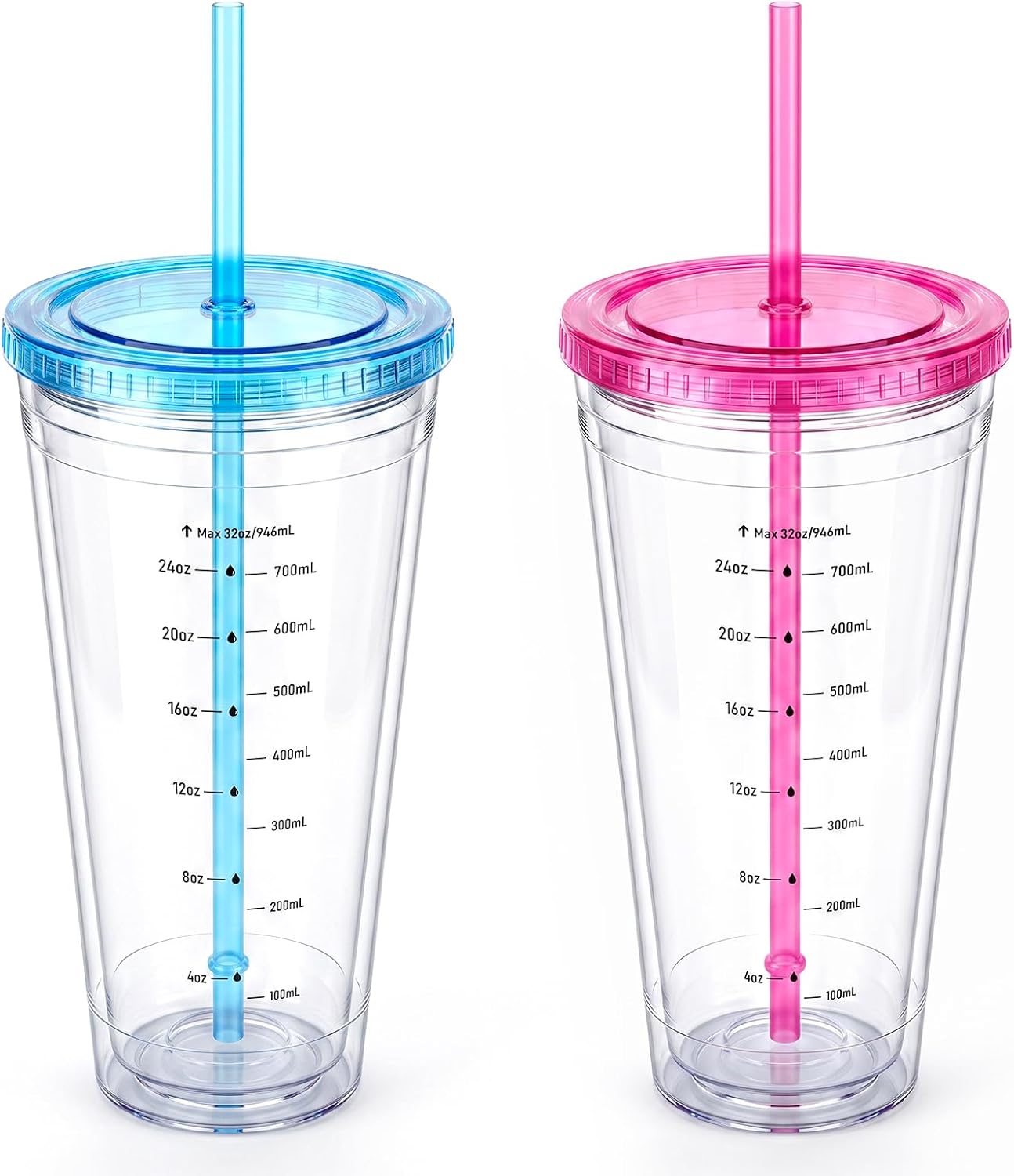 32oz Clear Reusable Plastic Cup with Lid & Straw Set of 2, Double Walled | BPA Free Wide Mouth Measurement Marked Iced Coffee To Go Insulated Acrylic Tumbler for Water, Lemonade, Loaded Tea, Juice