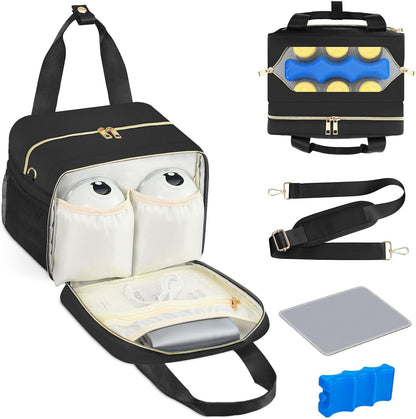 Breastmilk Cooler Bag with Ice Pack, Fits 6 Baby Bottles Up to 9 Ounce, Insulated Bottle Travel Bags with Shoulder Strap-Wearable Breast Pump Carrying Case for Nursing & Working Moms, Black