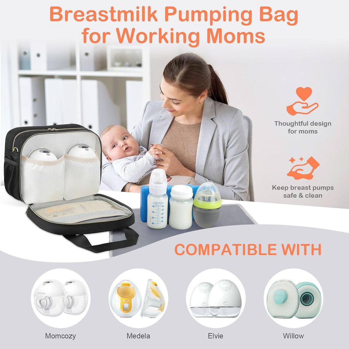 Breastmilk Cooler Bag with Ice Pack, Fits 6 Baby Bottles Up to 9 Ounce, Insulated Bottle Travel Bags with Shoulder Strap-Wearable Breast Pump Carrying Case for Nursing & Working Moms, Black