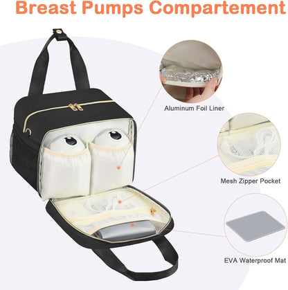 Breastmilk Cooler Bag with Ice Pack, Fits 6 Baby Bottles Up to 9 Ounce, Insulated Bottle Travel Bags with Shoulder Strap-Wearable Breast Pump Carrying Case for Nursing & Working Moms, Black