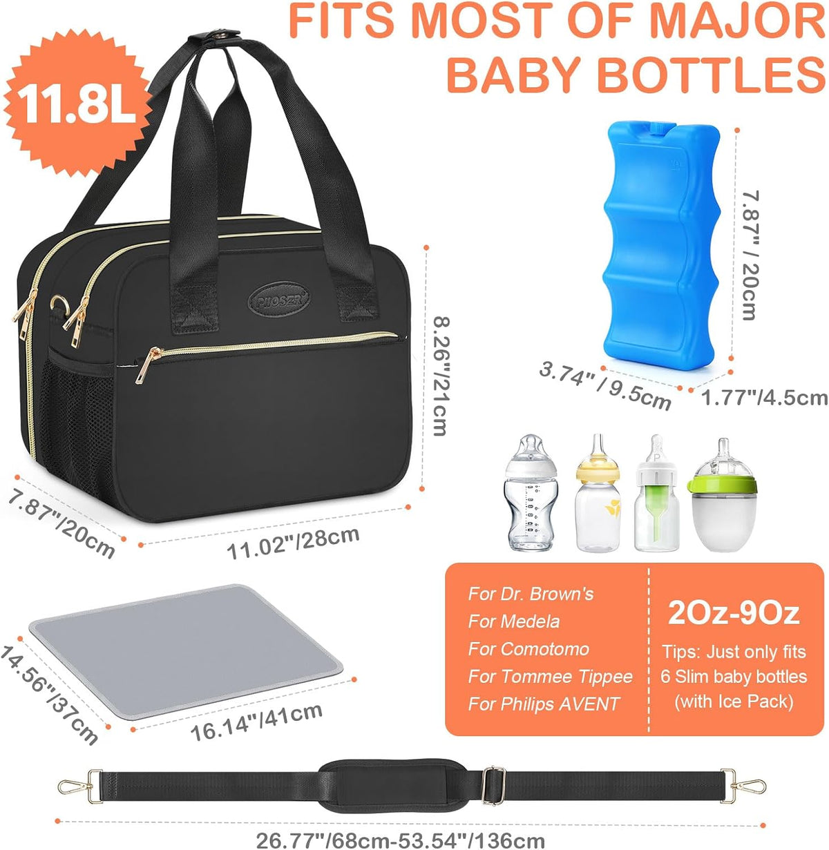 Breastmilk Cooler Bag with Ice Pack, Fits 6 Baby Bottles Up to 9 Ounce, Insulated Bottle Travel Bags with Shoulder Strap-Wearable Breast Pump Carrying Case for Nursing & Working Moms, Black