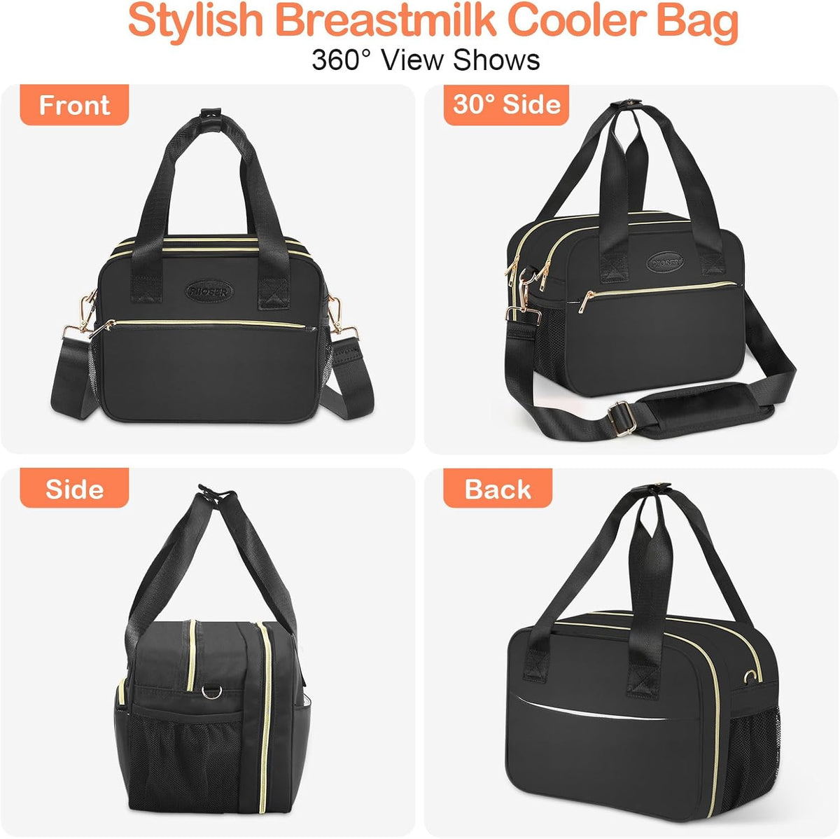 Breastmilk Cooler Bag with Ice Pack, Fits 6 Baby Bottles Up to 9 Ounce, Insulated Bottle Travel Bags with Shoulder Strap-Wearable Breast Pump Carrying Case for Nursing & Working Moms, Black