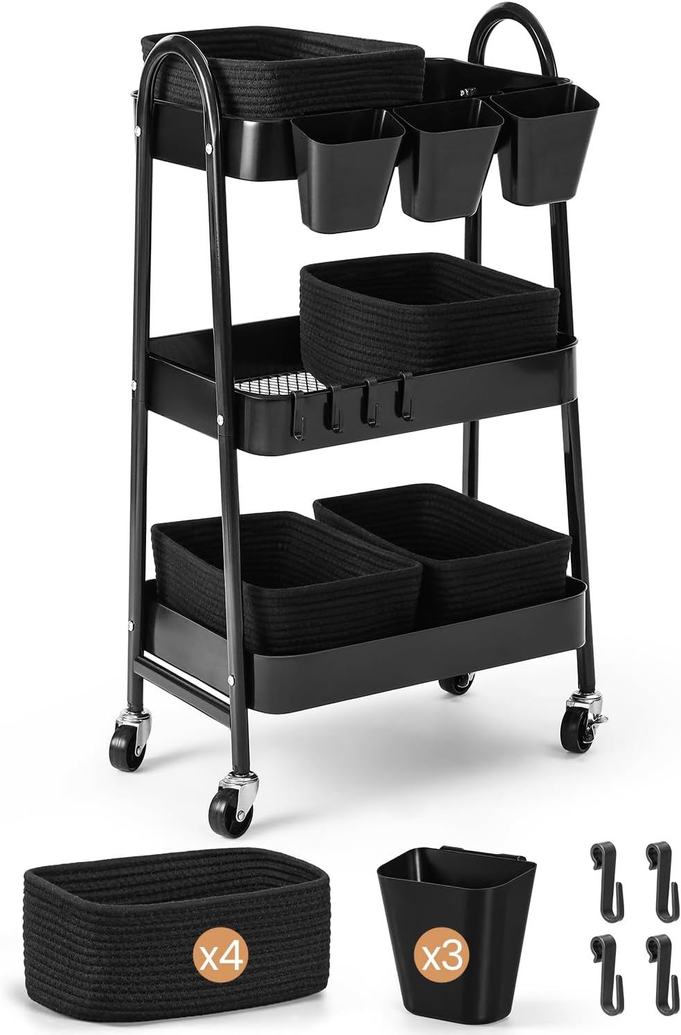 3-Tier Rolling Utility Cart with 4 Woven Baskets, Diaper Book Snack Cart, Storage Organizer for Nursery, Kitchen, Craft Room, Home SPA, Living Room, Metal Frame Trolley on Lockable Wheels, Brown