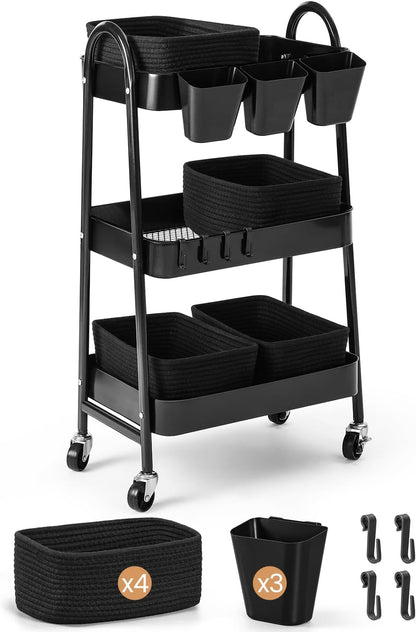 3-Tier Rolling Utility Cart with 4 Woven Baskets, Diaper Book Snack Cart, Storage Organizer for Nursery, Kitchen, Craft Room, Home SPA, Living Room, Metal Frame Trolley on Lockable Wheels, Brown