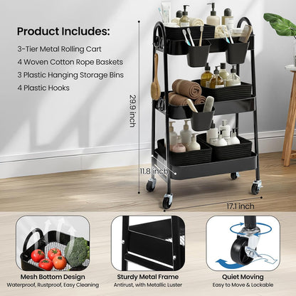 3-Tier Rolling Utility Cart with 4 Woven Baskets, Diaper Book Snack Cart, Storage Organizer for Nursery, Kitchen, Craft Room, Home SPA, Living Room, Metal Frame Trolley on Lockable Wheels, Brown