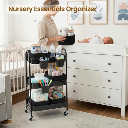 3-Tier Rolling Utility Cart with 4 Woven Baskets, Diaper Book Snack Cart, Storage Organizer for Nursery, Kitchen, Craft Room, Home SPA, Living Room, Metal Frame Trolley on Lockable Wheels, Brown
