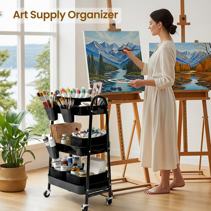 3-Tier Rolling Utility Cart with 4 Woven Baskets, Diaper Book Snack Cart, Storage Organizer for Nursery, Kitchen, Craft Room, Home SPA, Living Room, Metal Frame Trolley on Lockable Wheels, Brown