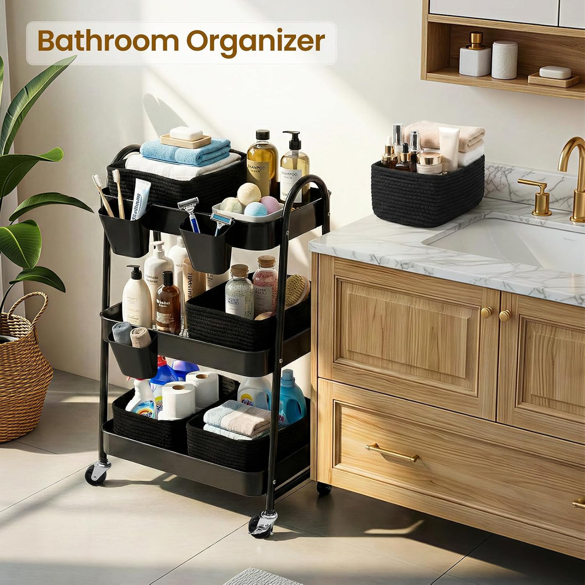 3-Tier Rolling Utility Cart with 4 Woven Baskets, Diaper Book Snack Cart, Storage Organizer for Nursery, Kitchen, Craft Room, Home SPA, Living Room, Metal Frame Trolley on Lockable Wheels, Brown