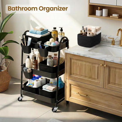 3-Tier Rolling Utility Cart with 4 Woven Baskets, Diaper Book Snack Cart, Storage Organizer for Nursery, Kitchen, Craft Room, Home SPA, Living Room, Metal Frame Trolley on Lockable Wheels, Brown
