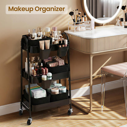3-Tier Rolling Utility Cart with 4 Woven Baskets, Diaper Book Snack Cart, Storage Organizer for Nursery, Kitchen, Craft Room, Home SPA, Living Room, Metal Frame Trolley on Lockable Wheels, Brown