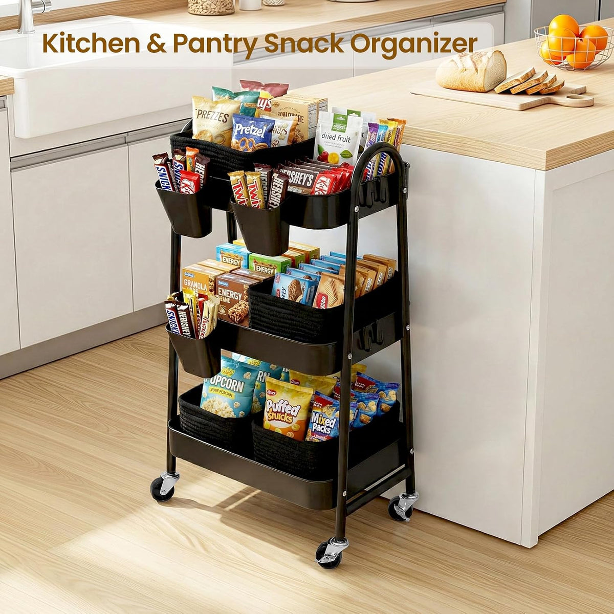 3-Tier Rolling Utility Cart with 4 Woven Baskets, Diaper Book Snack Cart, Storage Organizer for Nursery, Kitchen, Craft Room, Home SPA, Living Room, Metal Frame Trolley on Lockable Wheels, Brown