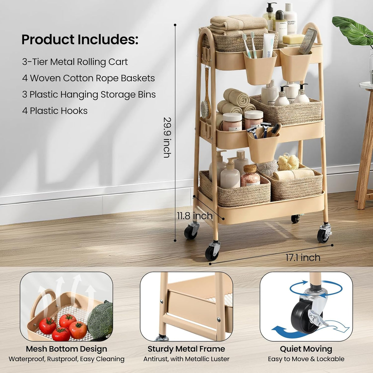 3-Tier Rolling Utility Cart with 4 Woven Baskets, Diaper Book Snack Cart, Storage Organizer for Nursery, Kitchen, Craft Room, Home SPA, Living Room, Metal Frame Trolley on Lockable Wheels, Brown