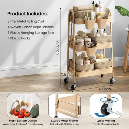 3-Tier Rolling Utility Cart with 4 Woven Baskets, Diaper Book Snack Cart, Storage Organizer for Nursery, Kitchen, Craft Room, Home SPA, Living Room, Metal Frame Trolley on Lockable Wheels, Brown