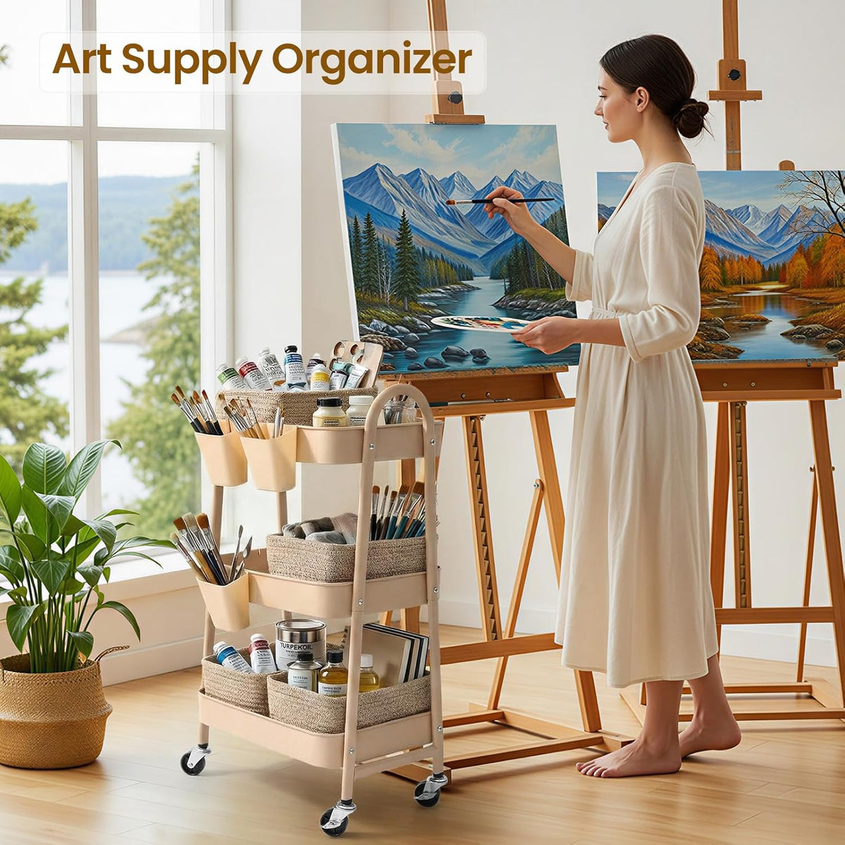 3-Tier Rolling Utility Cart with 4 Woven Baskets, Diaper Book Snack Cart, Storage Organizer for Nursery, Kitchen, Craft Room, Home SPA, Living Room, Metal Frame Trolley on Lockable Wheels, Brown