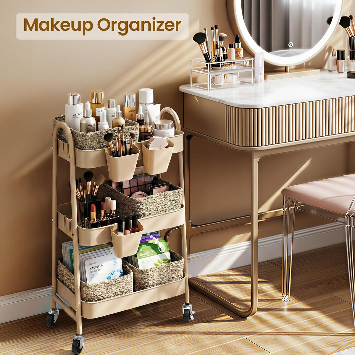 3-Tier Rolling Utility Cart with 4 Woven Baskets, Diaper Book Snack Cart, Storage Organizer for Nursery, Kitchen, Craft Room, Home SPA, Living Room, Metal Frame Trolley on Lockable Wheels, Brown